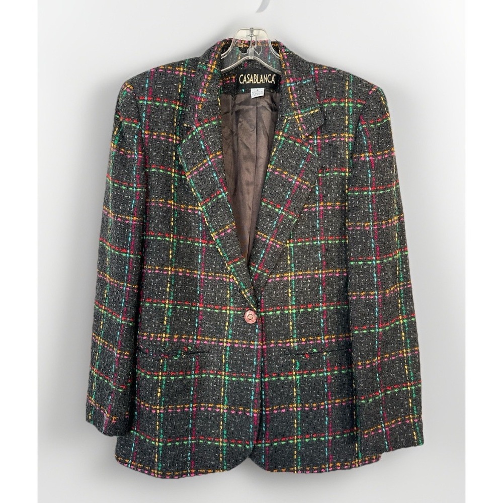 Vintage Casablanca Plaid/Tweed Jacket Sz 4 80s/90s Rainbow Gray Career Colorful